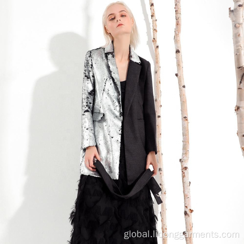 Ribbed Knit Top High Quality Slim Style Silver Sequin Women Coat Factory